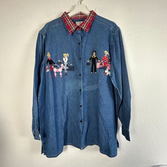 Bobbie Brooks Womens Embroidered Denim Button Up Shirt with Plaid Collar XL New - Picture 1 of 8